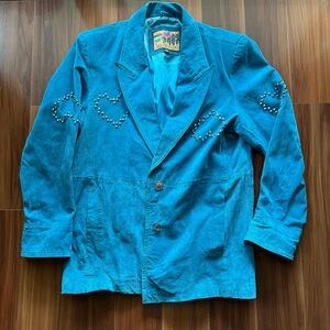 Vintage Women’s Atlantic Beach Suede Jacket Coat L Blue Silver Hearts Rivets